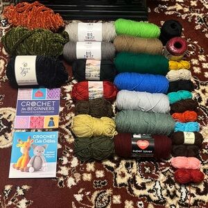 30 bundles of yarn + beginner crochet books